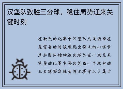 汉堡队致胜三分球，稳住局势迎来关键时刻