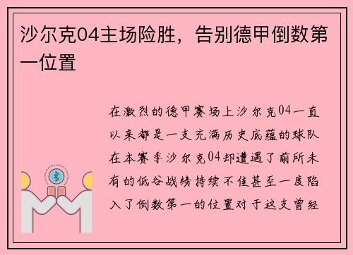 沙尔克04主场险胜，告别德甲倒数第一位置