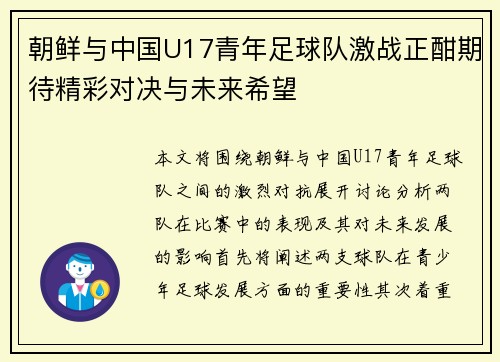 朝鲜与中国U17青年足球队激战正酣期待精彩对决与未来希望